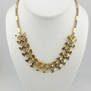 Vintage 1950s Judy Lee Gold Toned Leaf White Rhinestone Choker/Necklace